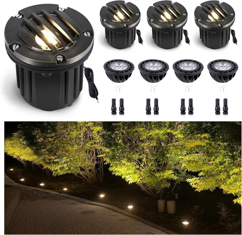 Gardenreet Luces de Pozo de Bajo Voltaje para Exteriores - Latón 12V Bombilla LED Reemplazable Iluminación Empotrada en el Suelo, Accesorio de Tapa
