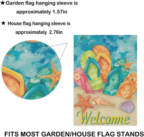 Miniatura 2 de Bandera para casa con diseño de sandalias, 28 x 40 pulgadas, doble cara, diseño tropical de estrella de mar, conchas y arena, letrero de bienvenida