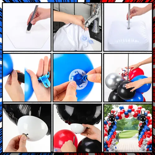 Miniatura 5 de Kasyat Juego de 2 soportes de columna de globos para fiesta de arañas con 2 arañas y 100 globos de látex rojos, azules y negros, soportes de arco
