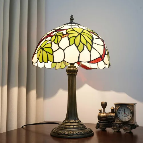 Miniatura 7 de Tiffany - Lámpara de mesa con vitrales de 12 pulgadas, hoja de uva verde, estilo Tiffany, lámpara vintage Nouveau para dormitorio, sala de estar