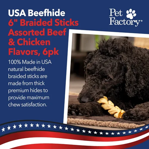 Miniatura 2 de Pet Factory Palitos masticables 100% hechos en Estados Unidos, huesos trenzados de cuero crudo para perro de 6 pulgadas con sabores de carne y pollo