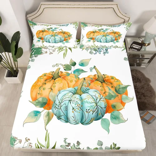 Manfei Sábana bajera ajustable de calabaza otoñal, tamaño individual, juego de ropa de cama floral de hojas verdes, 2 piezas para decoración de