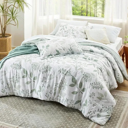Miniatura 7 de Bedsure - Juego de edredón tamaño King, juego de ropa de cama floral lindo, 3 piezas, 1 edredón reversible suave verde salvia con flores botánicas