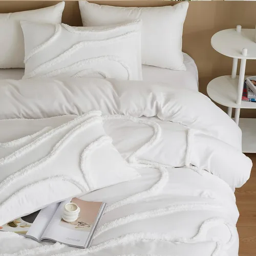 Miniatura 5 de Cupocupa Juego de Edredón Queen Beige con Mechones, Juegos de Edredones Ropa de Cama para Cama Queen 3 Piezas Edredón Boho Suave Esponjoso Ligero