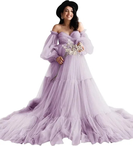 Vestido de maternidad de tul hinchado para sesión de fotos, batas de manga larga, hombros descubiertos, lencería transparente, vestidos de baby