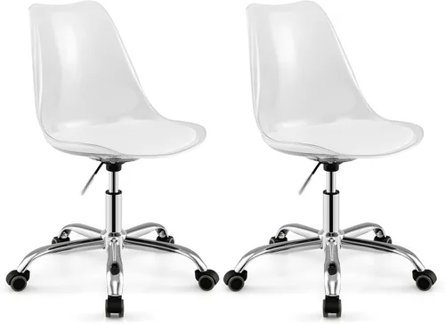 Giantex Juego de 2 sillas de escritorio de acrílico transparente, modernas sillas de oficina en casa con cojín y ruedas de piel sintética, silla