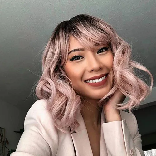 Miniatura 22 de NOBLE Peluca Rosa Naranja para Mujeres Peluca Durazno con Flequillo Pelucas Bob Rizadas Ombré con Flequillo de Aire Pelucas Sintéticas Cortas