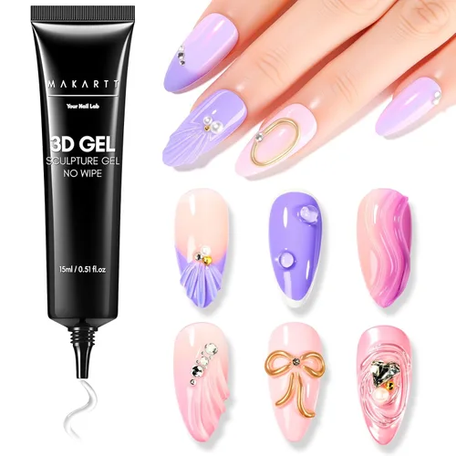Makartt 3D Gel de Arte de Uñas para Esculpir: Gel de Uñas 3D Multifuncional de 15g Transparente 3-en-1 para Moldear y Pintar Diseños de Uñas,