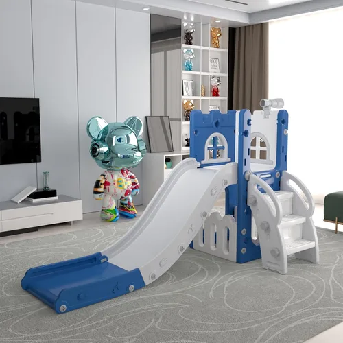Miniatura 7 de MOCUTEEN Tobogán 6 en 1 para niños pequeños, juego de bebé para interiores y exteriores con aro de baloncesto, almacenamiento y telescopio, juguetes