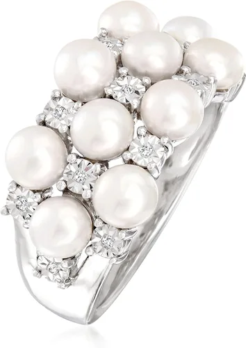 Miniatura 3 de Ross-Simons Anillo de perlas cultivadas de 0.157in con detalles de diamante en plata de ley