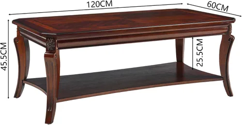 Miniatura 2 de Mesa auxiliar tradicional con estante de almacenamiento y patas talladas, mesas de sala de estar de granja, mesa central rectangular de madera