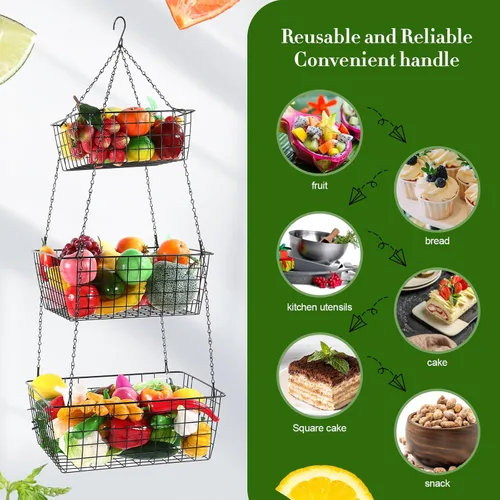 Miniatura 5 de Hicarer Cesta de frutas colgante de 3 niveles cuadrada de 35.4 pulgadas, organizador de frutas de cocina, organizador de alambre resistente