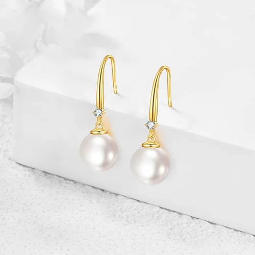 Miniatura 3 de Aretes colgantes de perlas de oro amarillo macizo de 18 quilates para mujer, perlas de agua dulce cultivadas, joyería fina, regalo de 0.354 in