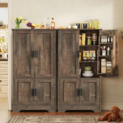 Miniatura 2 de TEENFON Armario de almacenamiento con 4 puertas, armario de cocina de granja de 43.3 pulgadas de alto con 6 estantes de puerta, armarios