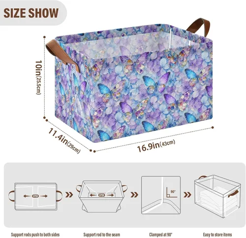 Miniatura 3 de Dreamlike Butterfly Purple Flowers Storage Baskets for Shelves Closet Storage Bins with Handles Shelves Closet Books for Books cajas organizadoras