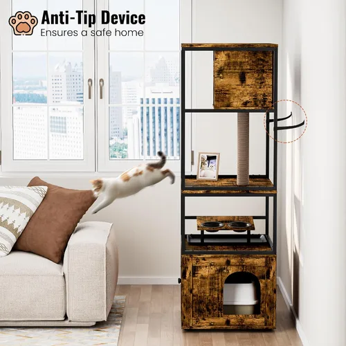 Miniatura 7 de Lamerge Árbol para gatos con caja de arena, caja de arena grande todo en 1, condominio para gatos con postes rascadores y cuenco de alimentación