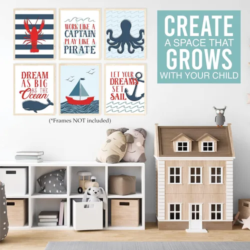 Miniatura 6 de Hadley Designs Decoración náutica de pared con 6 unidades, decoración náutica de habitación para niños, cuadros de barco y faro, decoración de pared