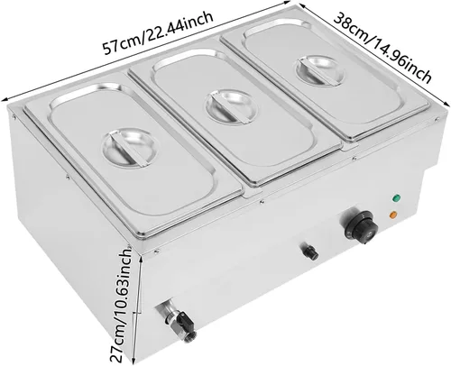Miniatura 4 de DYNAMI Calentador de alimentos para bufé comercial de 110 V, mesa de vapor eléctrica grande de acero inoxidable de 3 bandejas con diseño