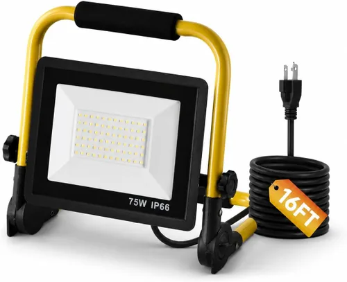 Luz de trabajo LED de 75 W, 7500 lm, luz de inundación impermeable IP66 de 6000 K, cable de alimentación de 16 pies, luces LED portátiles para