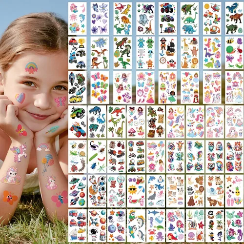 60 hojas de tatuajes temporales para niños, más de 320 piezas de calcomanías de tatuajes falsos de princesa, sirena, dinosaurio, automóvil,