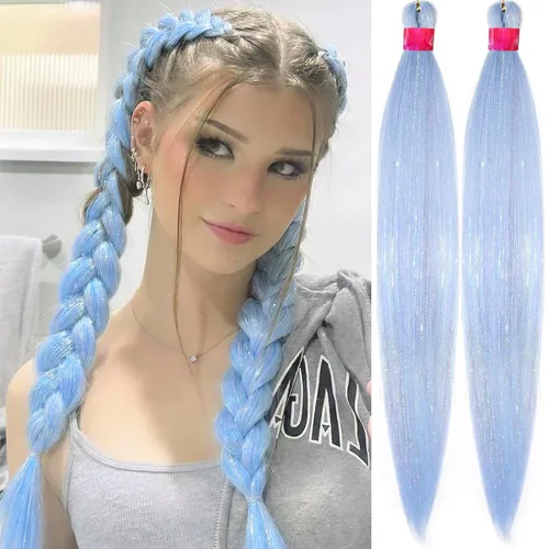 Miniatura 13 de Cabello trenzado verde con lentejuelas de 26 pulgadas, preestirado, trenzas de textura Yaki, extensiones de cabello pre plumadas, 3 paquetes, fácil