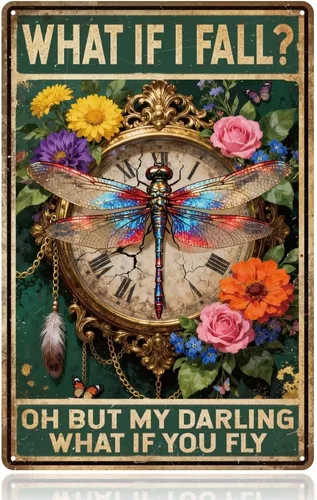 WADORN Letrero de metal vintage con texto en inglés «What If I Fall» Dragonfly Garden de 12 x 8 pulgadas, letrero de arte retro divertido y bohemio