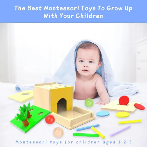 Miniatura 2 de Adena Montessori Kit de juego Montessori de madera 5 en 1, juguetes para bebés, caja de permanencia de objetos, gota de color de fósforo, juego