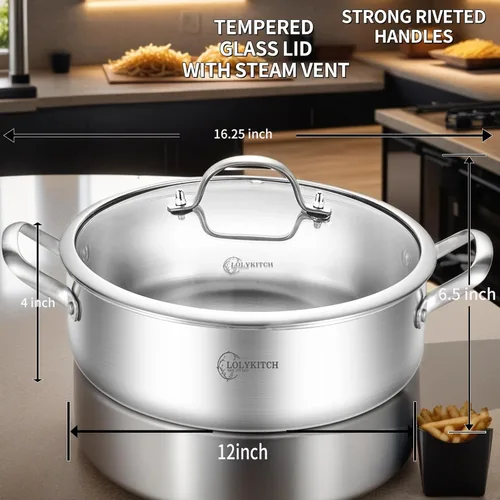 Miniatura 5 de LOLYKITCH Sartén Salteadora de Acero Inoxidable Tri-Capa de 7 Cuartos con Tapa, Sartén para Freír Profunda de 12 Pulgadas, Sartén Grande, Cocinero