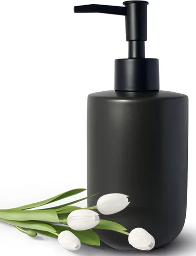 Dispensador de jabón negro para baño, dispensador de loción cilíndrico de diseño minimalista moderno, dispensador de jabón de cerámica de 12 onzas,
