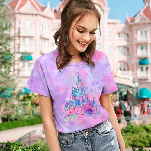 Miniatura 4 de FRYAID Camiseta mágica para mujer, diseño de castillo del reino y teñido anudado, camisetas de manga corta para vacaciones familiares