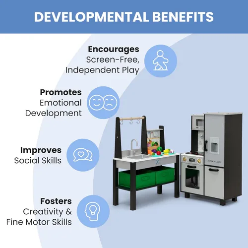 Miniatura 6 de Delta Children - Cocina de juguete Gourmet Todo en Uno de Rincón - Juego de cocina con estufa segura y sin calor con luces, horno, fregadero, Gris