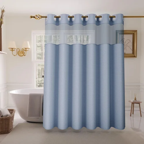 Miniatura 11 de Inhousolu - Cortina de ducha sin gancho con juego de forro de tela a presión, tejido waffle 230 GSM dobladillo con peso, impermeable y lavable