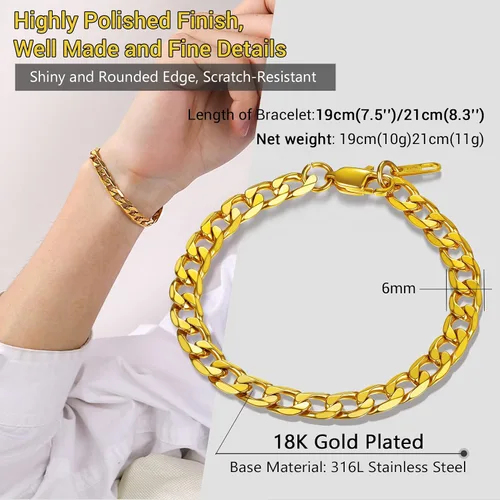 Miniatura 4 de PROSTEEL Pulsera de eslabones cubanos para hombre, negrooro de 18 quilates, acero inoxidable 316L, joyería de hip hop, ancho 0.236 in0.354 in0.512