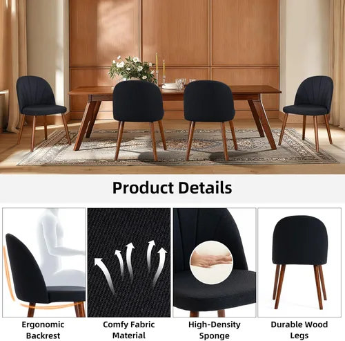 Miniatura 5 de Juego de 6 sillas de comedor de tela, sillas de comedor modernas tapizadas de mediados de siglo, silla decorativa sin brazos con patas de madera