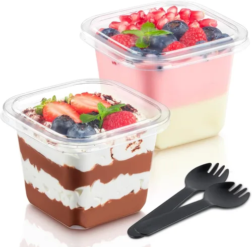 Miniatura 8 de Kucoele Paquete de 50 Tazas de Postre de Plástico de 8 oz con Tapas y Sporks, Tazas Cuadradas Transparentes para Pasteles, Recipientes de Postre