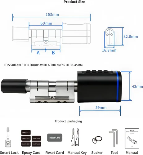 Miniatura 2 de Cerradura de puerta inteligente, cerradura de cilindro inteligente de puerta europea, cerraduras electrónicas aplicables a puerta de seguridad