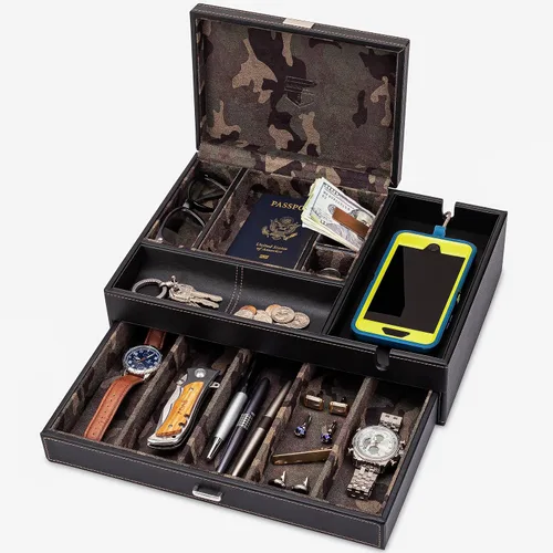 HOUNDSBAY Admiral Dresser Valet Box y organizador de joyero para hombre, organizador de caja de reloj para hombres con estación de carga grande para