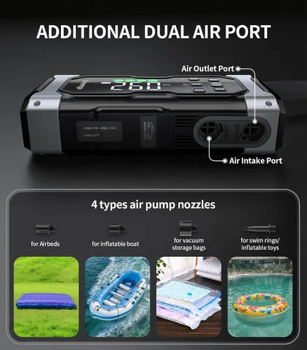 Miniatura 5 de Arrancador de Coche Mejorado de 9000A con Compresor Inflador/Desinflador de Aire, Cargador de Caja de Arranque Portátil 9 en 1 Paquete de Energía