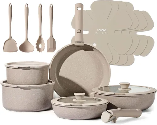 CAROTE Juego de 19 piezas de ollas y sartenes antiadherentes, juego de utensilios de cocina con mango desmontable, juegos de cocina de inducción con