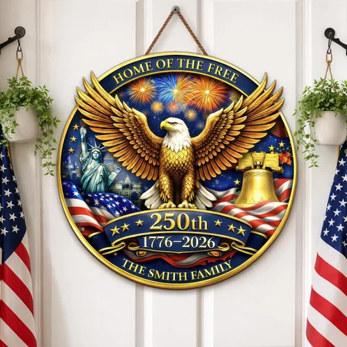 Miniatura 14 de NAZENTI Letrero personalizado para puerta del 4 de julio con nombre familiar, coronas de puerta personalizadas para 250 aniversario de Estados