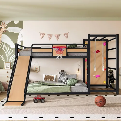 Miniatura 10 de Bellemave Litera de tamaño individual con aro de baloncesto, anillos de dominadas y pared de escalada, litera individual con tobogán y estantería
