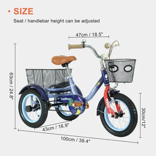 Miniatura 2 de Triciclo de 12 pulgadas, triciclo para niños, triciclo para niños, para edades 3+ ciclistas principiantes, con cesta delantera y trasera y asiento