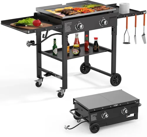 SKOK Plancha de gas plegable de 28 pulgadas para exteriores, parrilla de gas portátil con parte superior plana -30000 BTU a propano, estación de