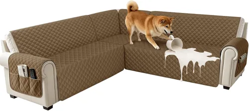 Miniatura 17 de Fundas impermeables para sofá seccional de esquina en forma de L, de terciopelo, juego de 6 piezas, funda en forma de U para sofá, para perros