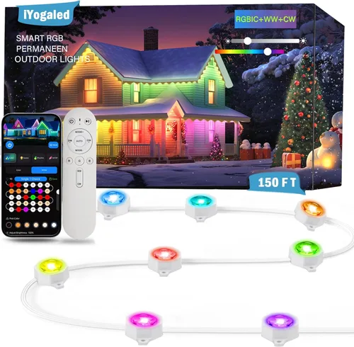 Miniatura 10 de iYogaled Luces exteriores permanentes para casa, 50 pies de luces de borde exterior inteligentes RGB con 63 modos de escena, luces LED impermeables
