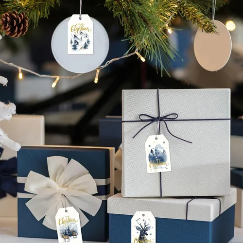 Miniatura 5 de 120 etiquetas de regalo de papel de Navidad, acuarela azul, árbol de Navidad, alce, etiquetas colgantes con cuerdas de cáñamo, 4 diseños, etiquetas