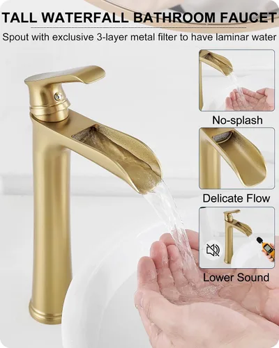 Miniatura 2 de Grifo para fregadero de recipiente, grifo de baño alto de latón en cascada, 1 manija, grifos dorados para mueble de baño, 1 agujero con drenaje