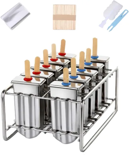 10 moldes de acero inoxidable para paletas y moldes de paletas de helado con 10 máquinas cuadradas para hacer paletas de hielo + 100 palos de bambú