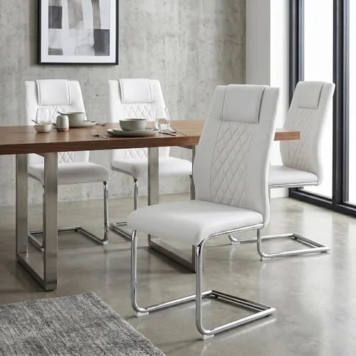 Miniatura 9 de gopop Juego de 4 sillas de comedor, de piel sintética blanca con marco de metal cromado chapado, sillas modernas de cocina con asiento acolchado
