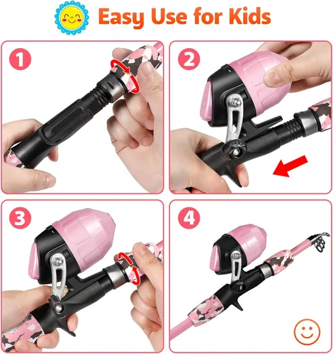 Miniatura 3 de PLUSINNO Caña de pescar para niños con carrete Spincast telescópica caña de pescar Combo kits completos para niños, niñas y adultos Rosa